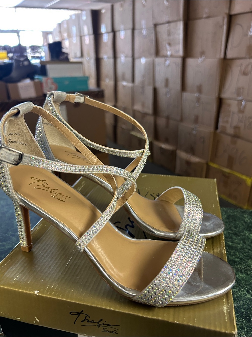 Thalia Sodi Silver Crystal Strappy Heels